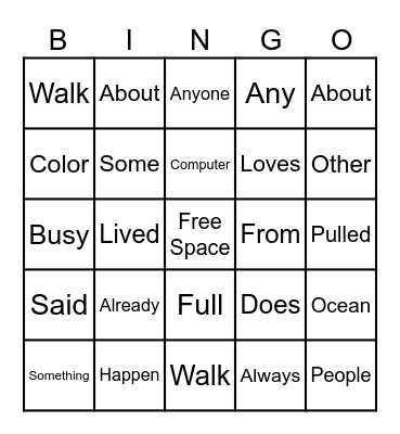 Irregular Word BINGO Card