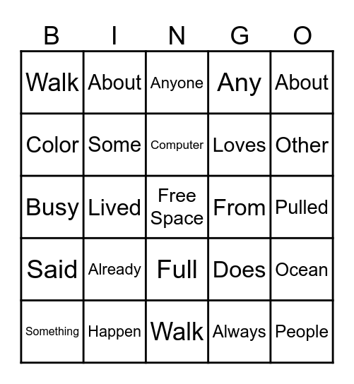 Irregular Word BINGO Card