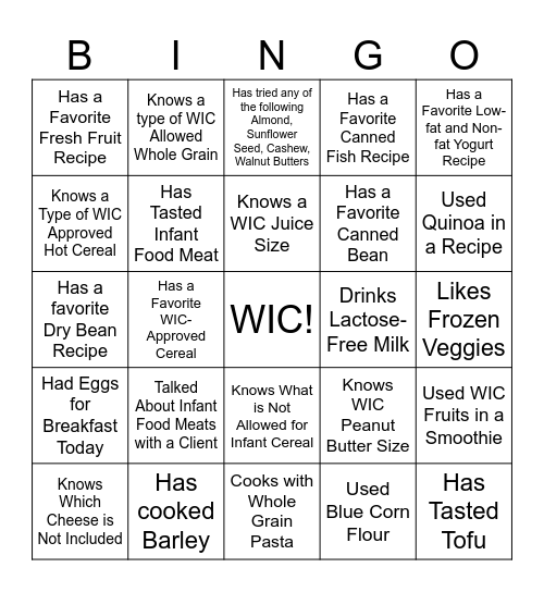 Getting To Know You - WIC Foods Edition Bingo Card