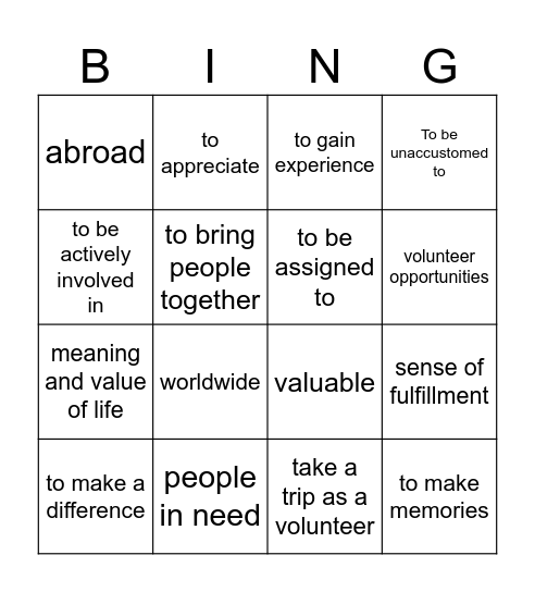 Volunteers Bingo Card