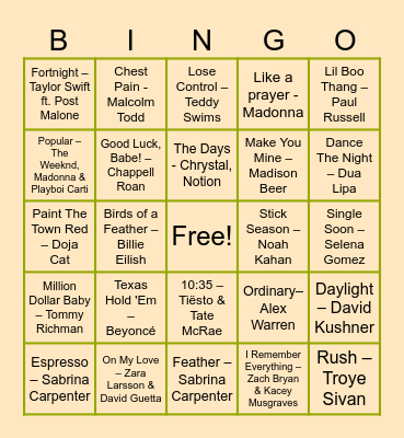 Viral TikTok Songs Bingo Card