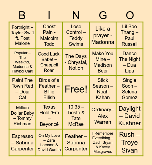 Viral TikTok Songs Bingo Card