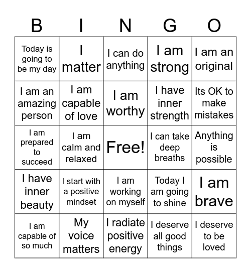Positive Affirmation Bingo Card
