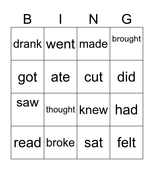 Irregular verbs Bingo Card