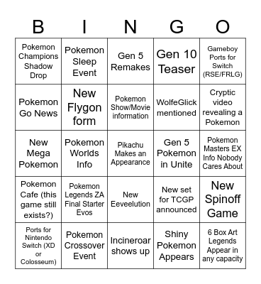 Pokemon Direct 7/22 Bingo Card Bingo Card