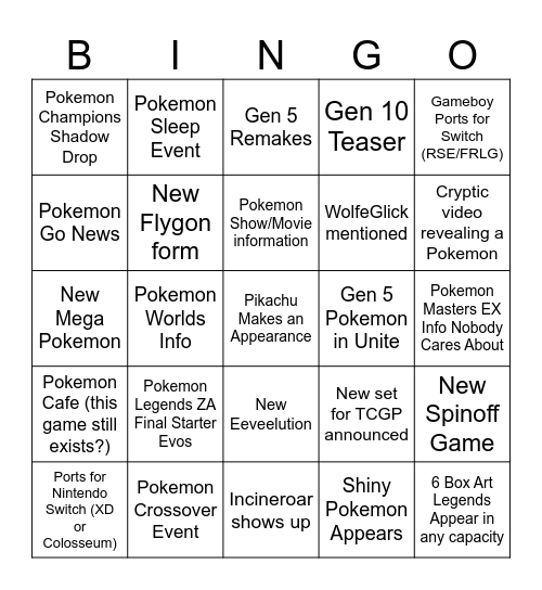 Pokemon Direct 7/22 Bingo Card Bingo Card