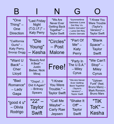 Pop Girl Anthem Bingo Card