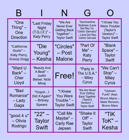 Pop Girl Anthem Bingo Card