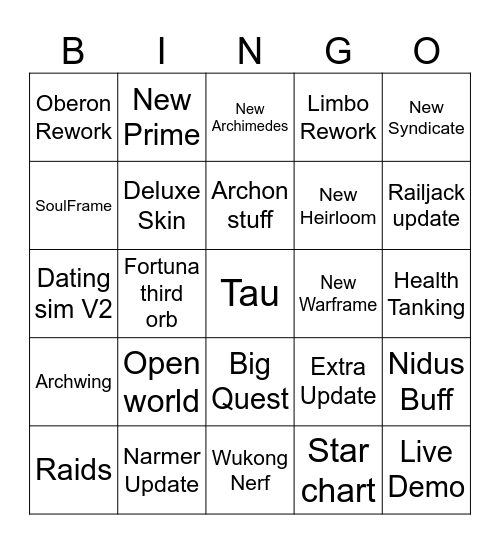 Warframe beengo Bingo Card