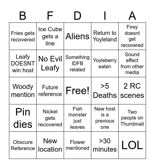 BFDIA 21 Bingo Card