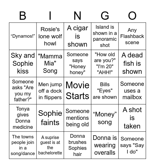Mamma Mia Movie Watch Card Bingo Card