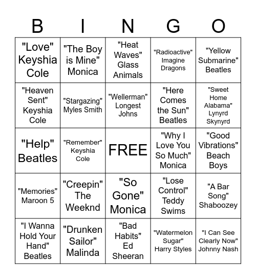 Musical Bingo Card