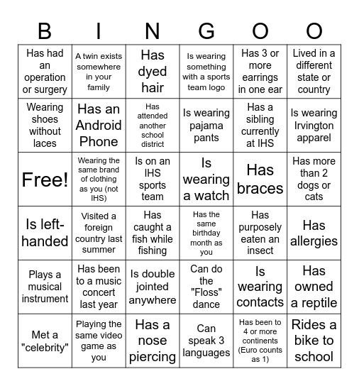Show and  Tell BINGOO Bingo Card