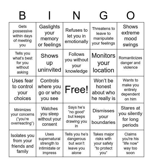 Twilight Red Flag Bingo Card
