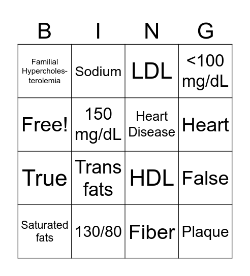 Heart Healthy Bingo Card