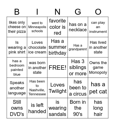 Get to know each other Bingo Card