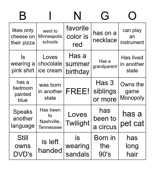 Get to know each other Bingo Card