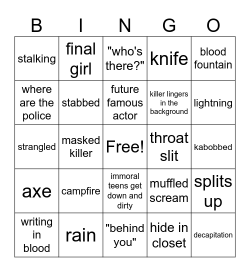 Slasher Movie Bingo Card