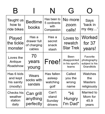 Dad's Retirement Party Bingo Card