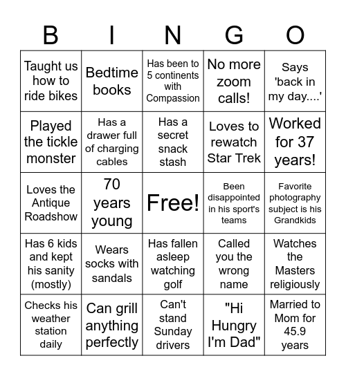 Dad's Retirement Party Bingo Card