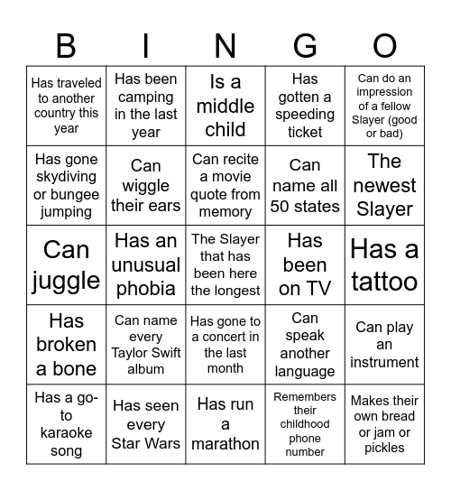Name a Slayer who... Bingo Card