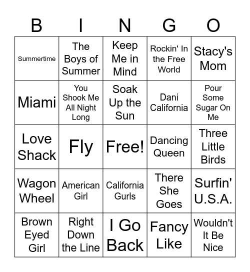 Summer Hits B Bingo Card