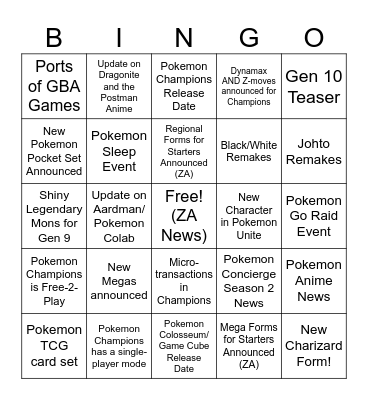 Pokemon Presents 7/22 Bingo Card