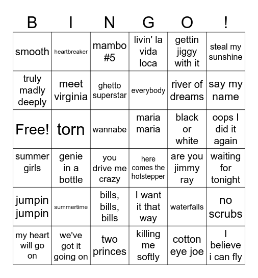 90s POP Bingo Card
