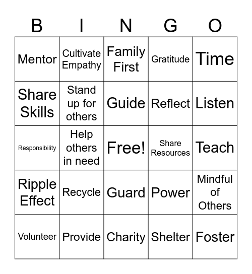 Selfless Bingo Card