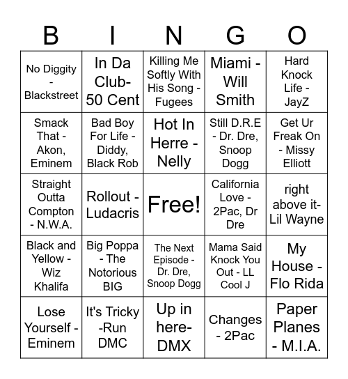 Hip Hop Bingo Card
