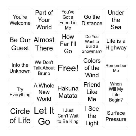 Disney Karaoke Night Bingo Card