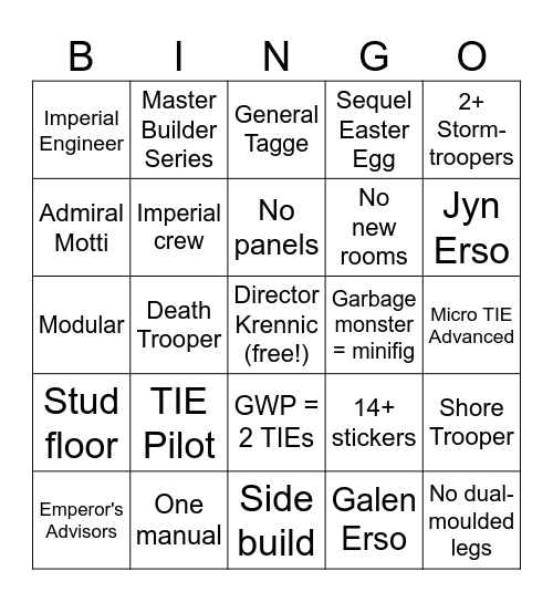 2025 LEGO Death Star Bingo Card