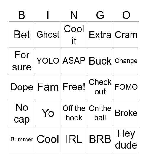 Slang Bingo Card