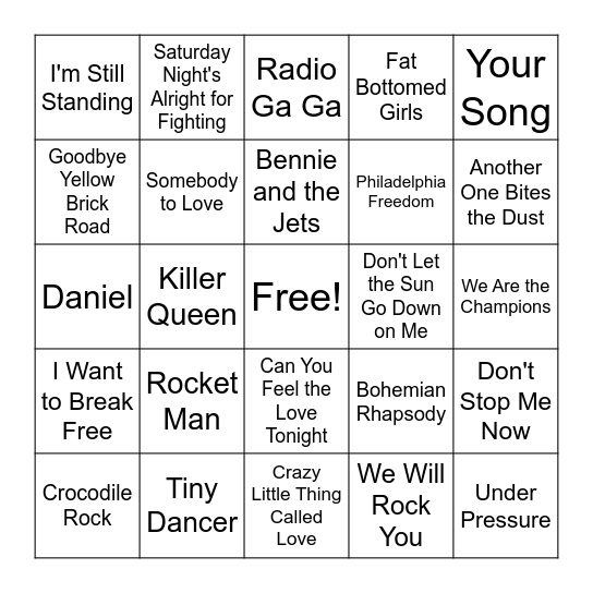 Elton John vs Queen Bingo Card