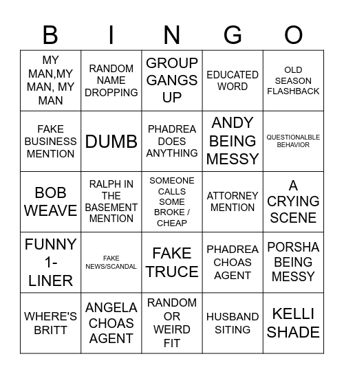 ATL Housewives S16 Reunion P1 Bingo Card