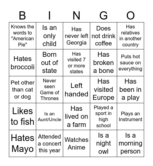 Diversity Bingo Card