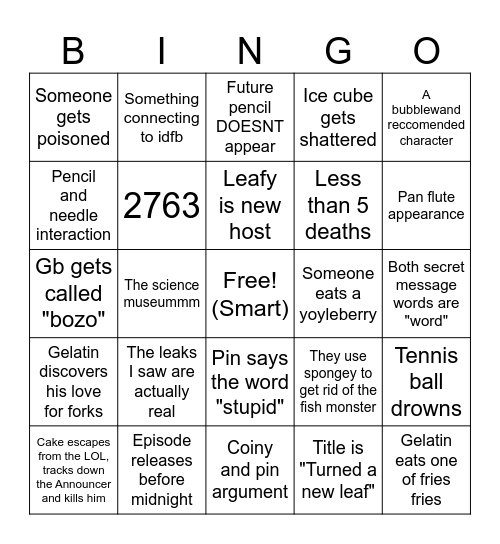 Bfdia can drink now omg Bingo Card