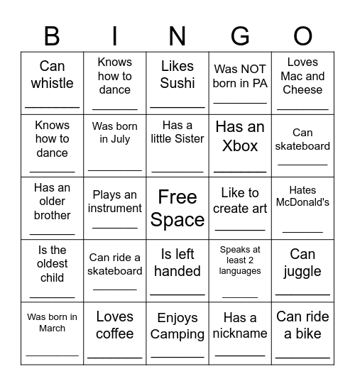 YOUTH GROUP HUMAN BINGO Card