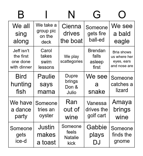 Friends Weekend Bingo Card