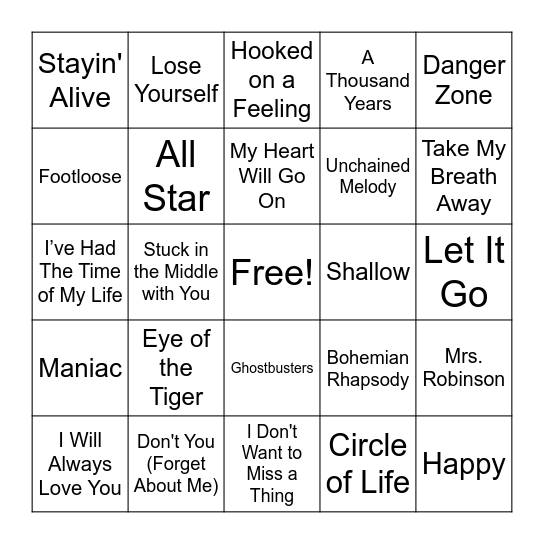 Movie Soundtrack Hits Bingo Card