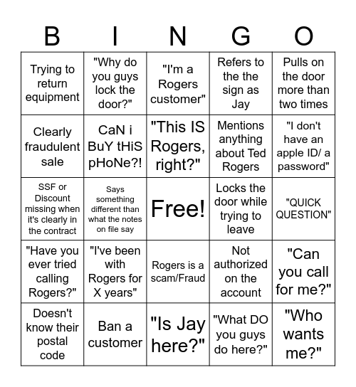 ROGERS COLLINGWOOD BINGO Card