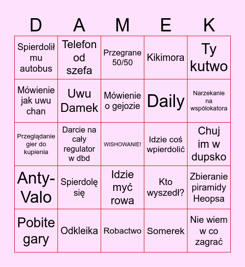 Damkowanie Bingo Card