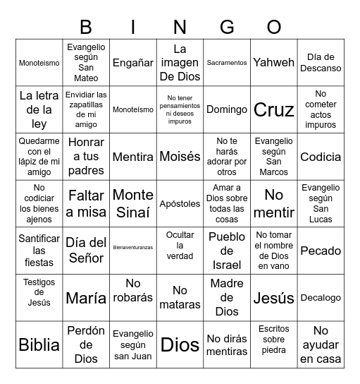 10 mandamientos Bingo Card