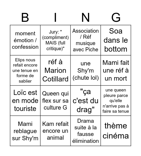 BINGO DRAG RACE FR ALL EP2 Bingo Card