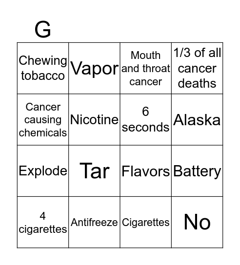 Tobacco Facts Bingo Card