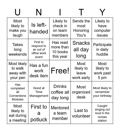 UNITY Bingo Card