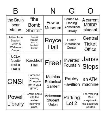 UCLA MBIDP Welcome Week Bingo Card