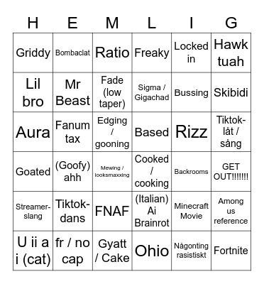 Brainrot-Bingo (VISA INTE FÖR BARNEN) Bingo Card