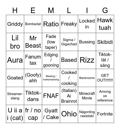 Brainrot-Bingo (VISA INTE FÖR BARNEN) Bingo Card