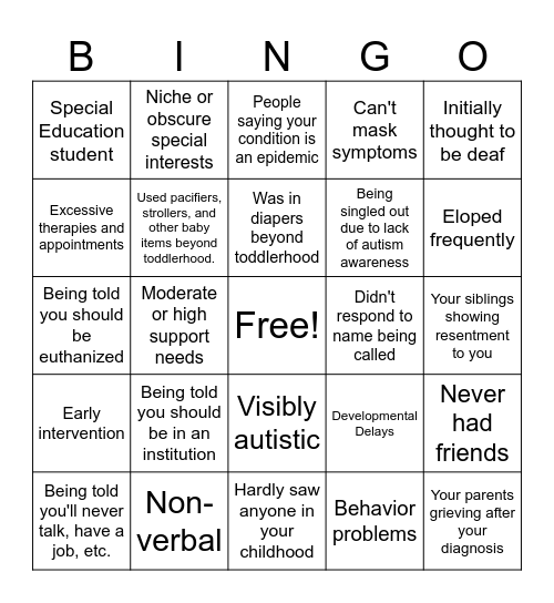 Early Diagnosed Autistic Adult Born in the 80's, 90's, or 2000's Bingo Card